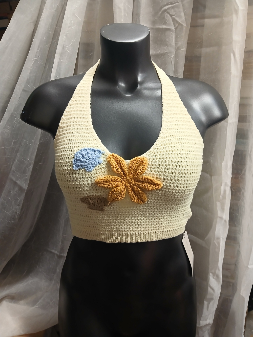 Muse Cream Crochet Halter Crop Top with Blue and Mustard Floral Appliqués